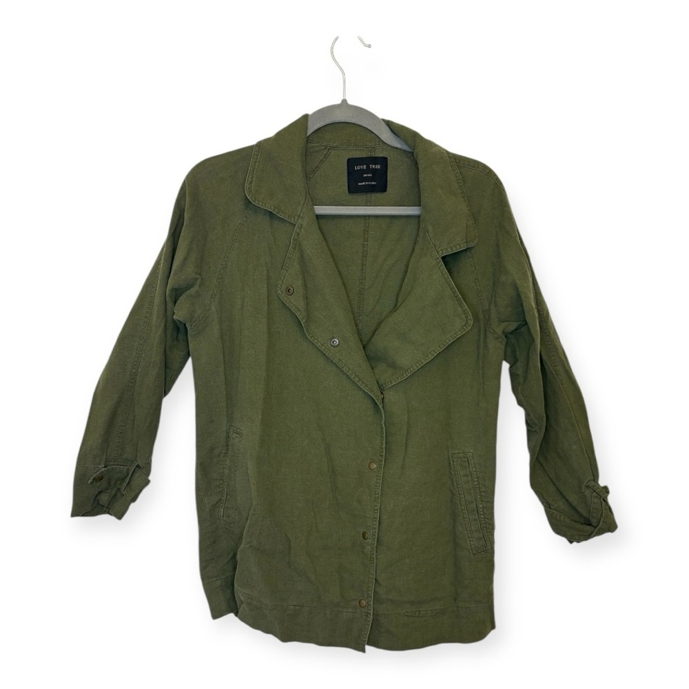 Love Tree Olive Green Linen Blend Utility Jacket Lightweight Military Small